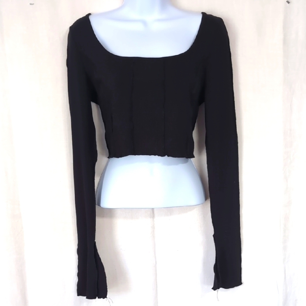 Shein Black Cropped Off-Shoulder Long Sleeve Tie-Back Top Size Medium - Picture 1 of 5